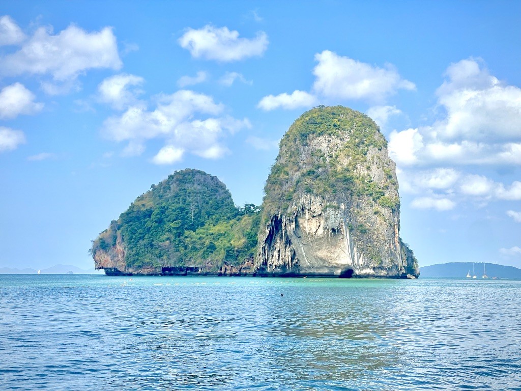 Limestone islands rising from blue water