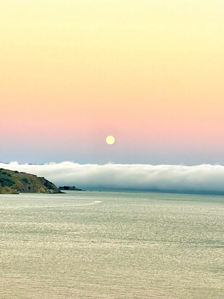 A pale sun above a bank of fog over calm water