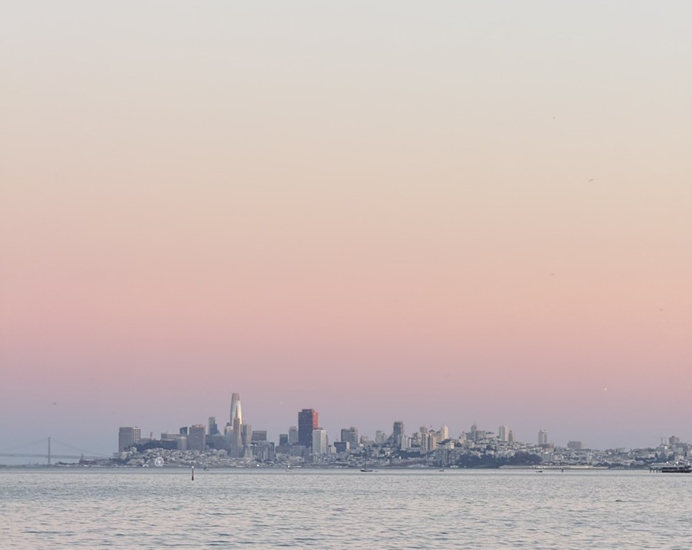 A city skyline across water beneath a pink sky