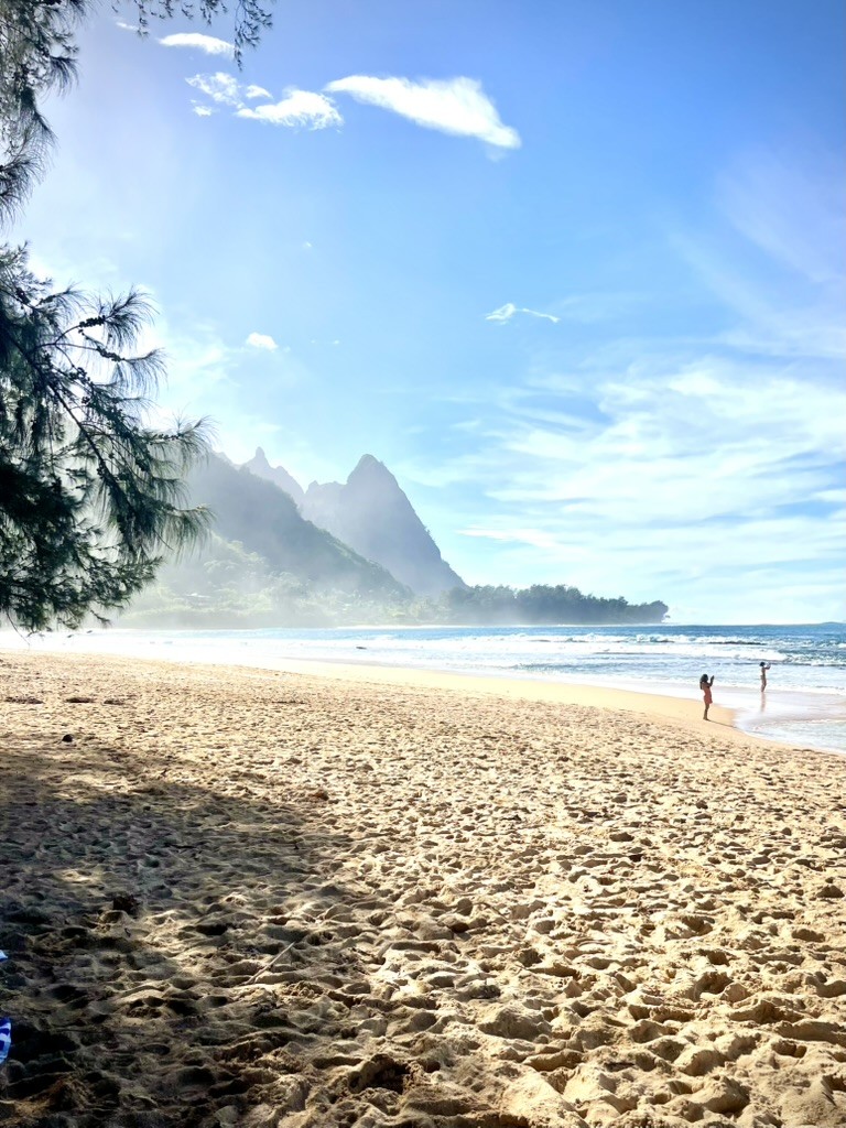 A tropical beach with steep mountains beyond